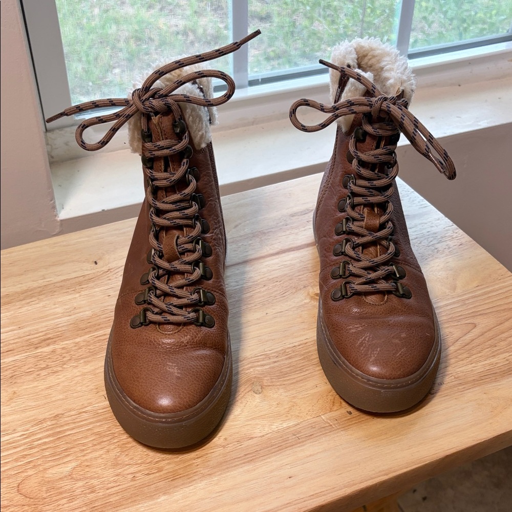 Fat Face Brown Lace Up Boots with Fur Trim